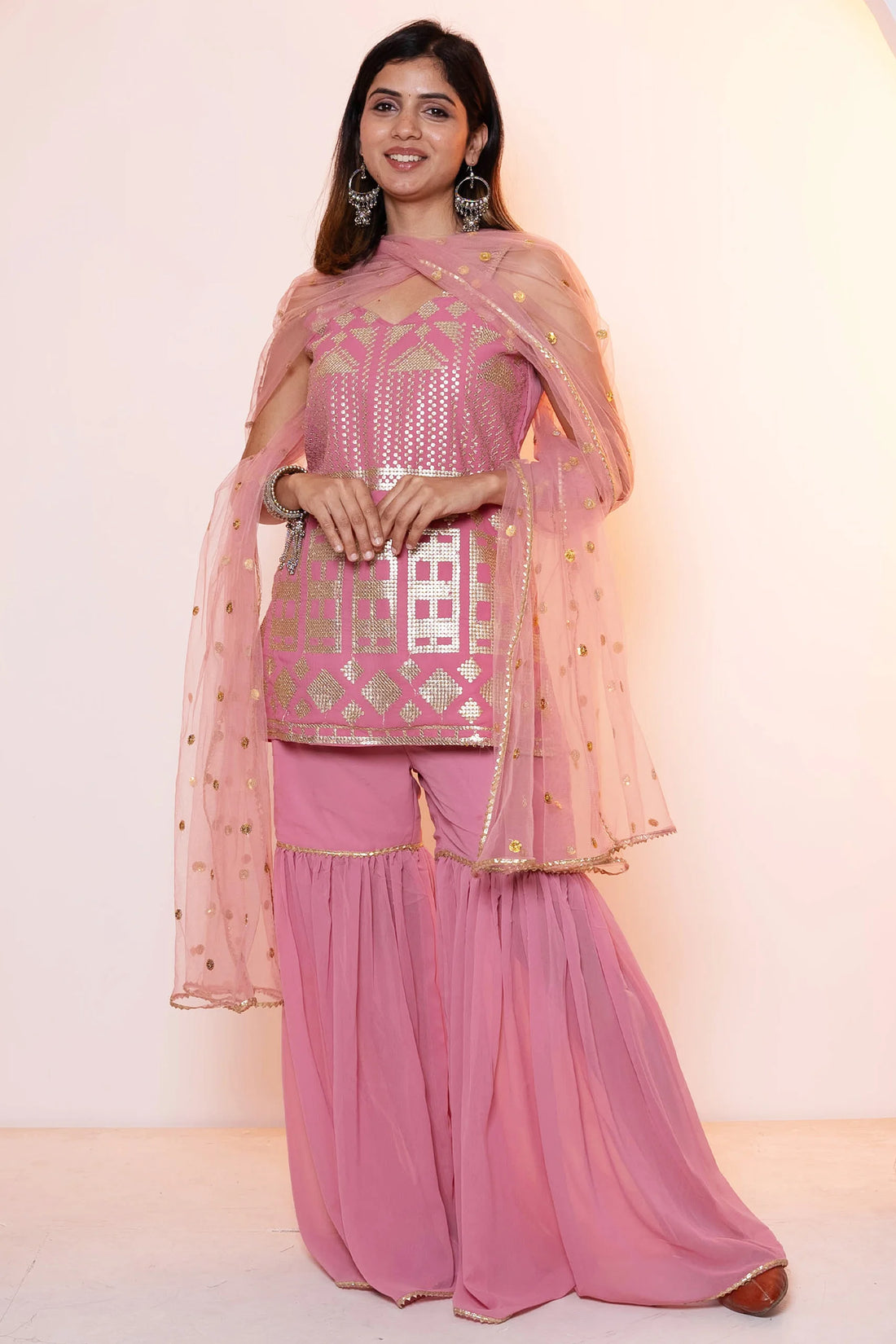 Stylish Rouge and Golden Sharara Suit For Women