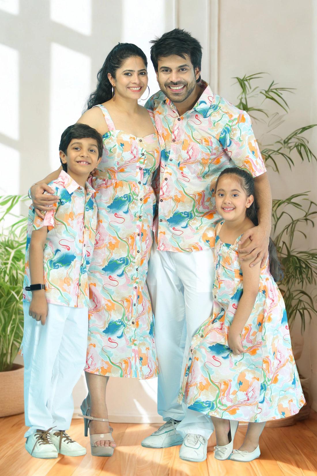 White & Green Anyra Family Set With Matching Dress & Shirt