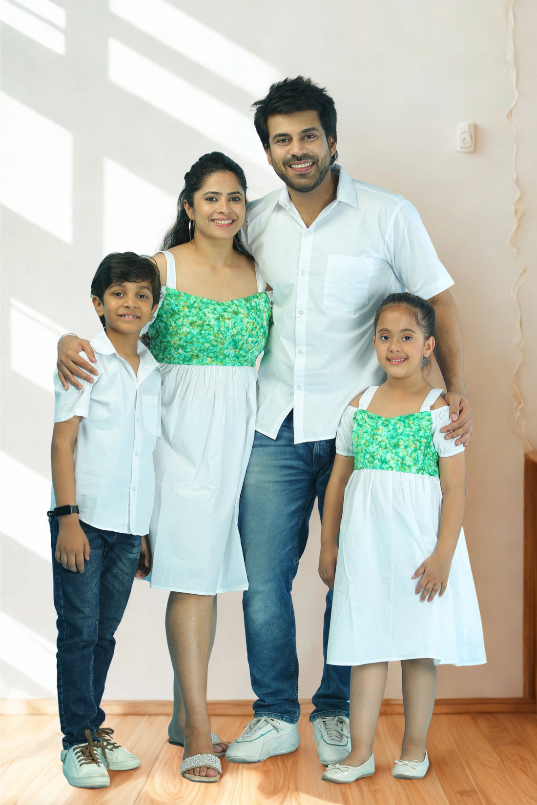 White And Green Printed Off Shoulder Family Set With Matching Dress & Shirt