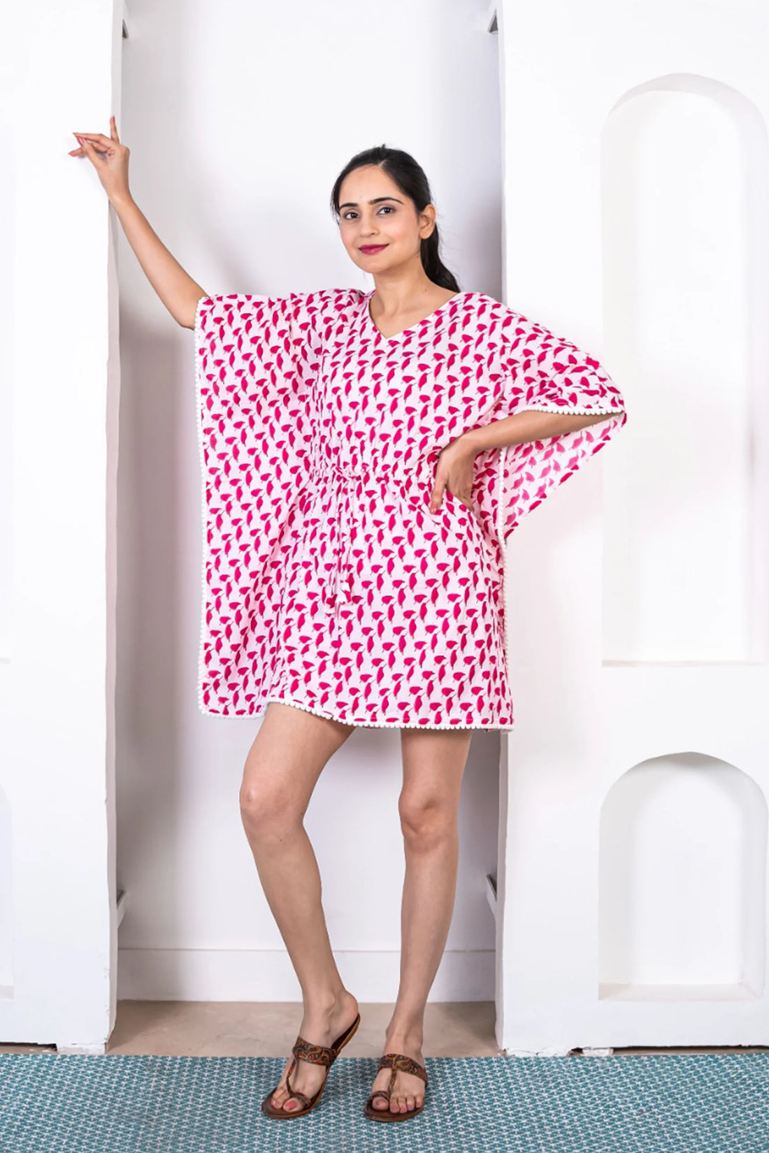 Red And White Cotton Kaftan With Shorts For Women