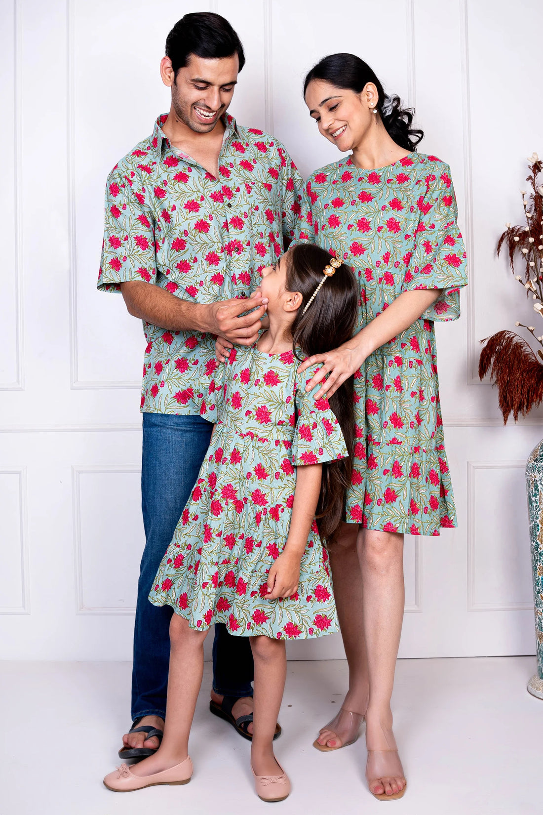 Green & Red Tiered Dress With Matching Shirt Family set