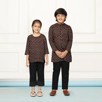Stylish Black Printed Short Kurti & Matching Kurta Twin Set for Siblings