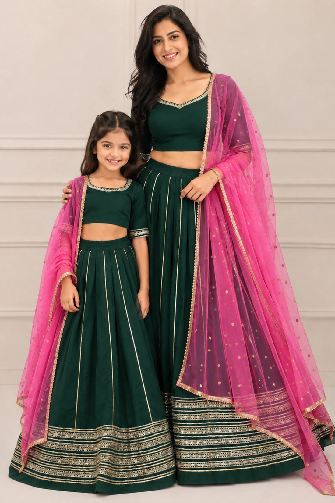 Green Mom & Daughter Lehenga Set