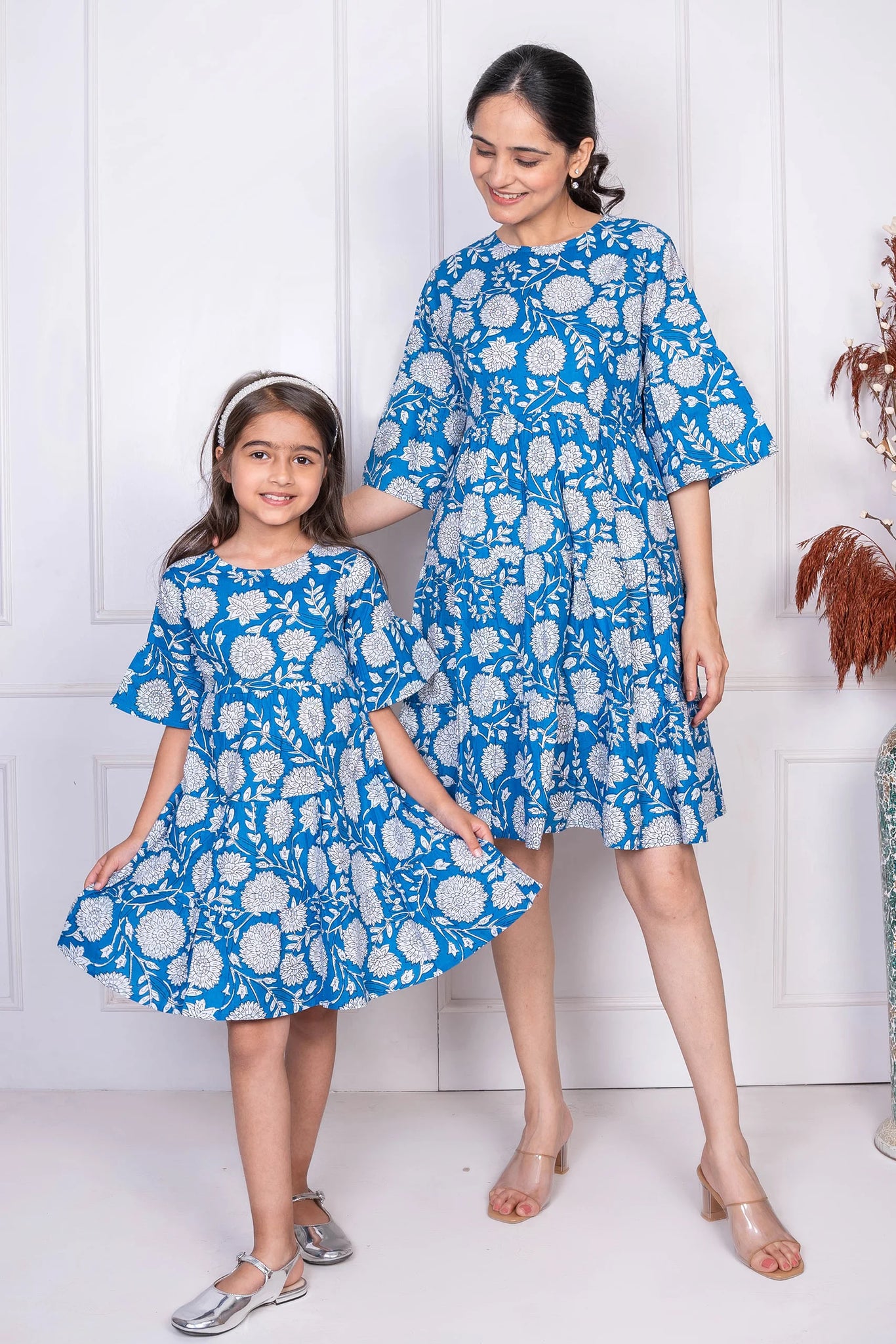 Blue Floral Printed Matching Dresses for Mom and Daughter