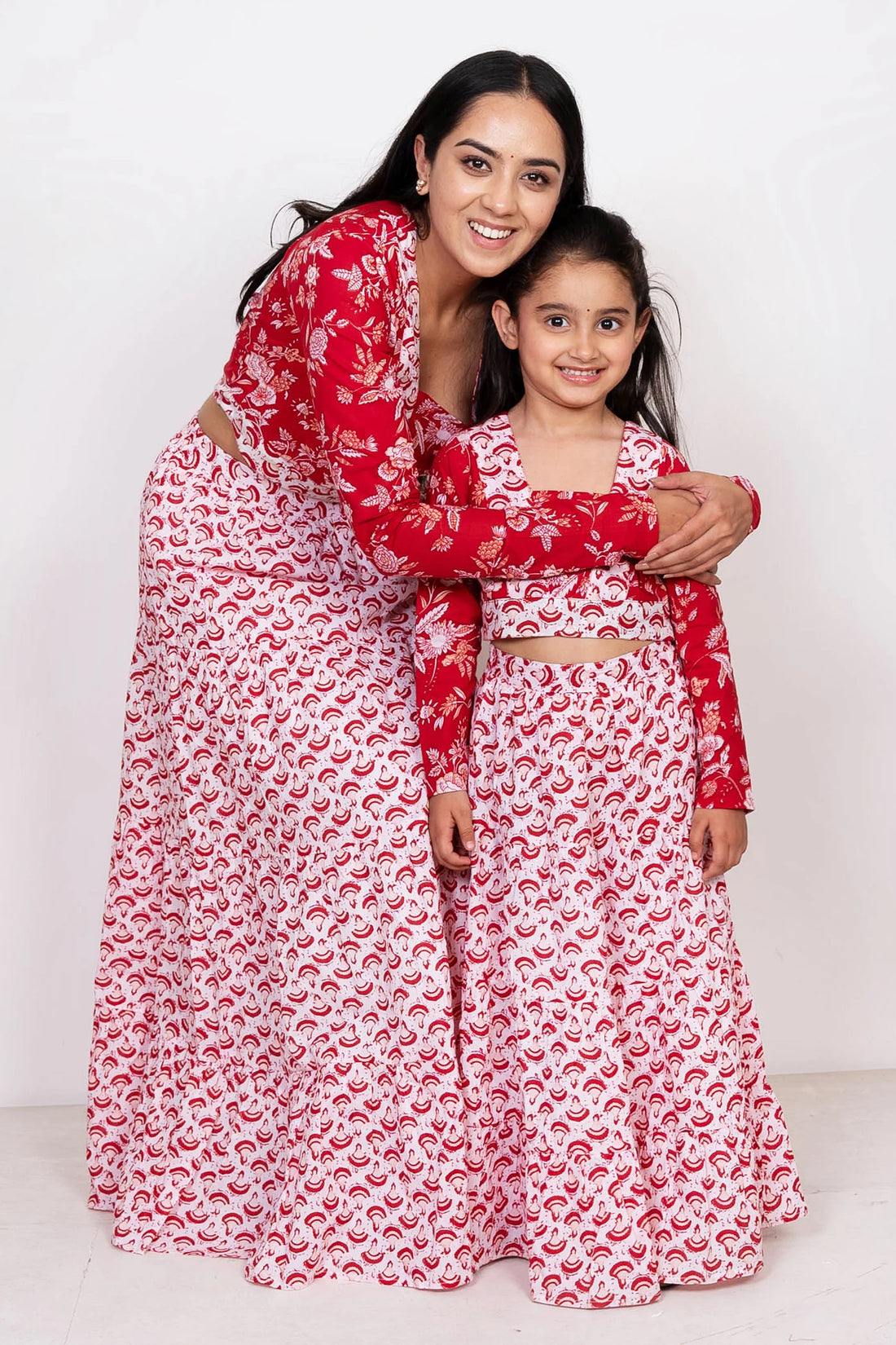 Maroon & White Floral Rubta Lehenga With Matching Dupatta ( Mom and Daughter Twin Set )