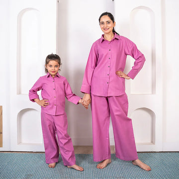 Summer Vacation Essentials: Purple Cotton Matching Outfits for Mom and Daughter: Pant and Shirt Co-Ord Set