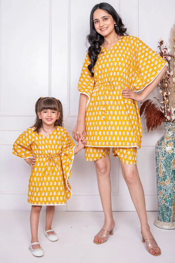 Mustard Elephant Printed Kaftan With Shorts for Mom and Daughter