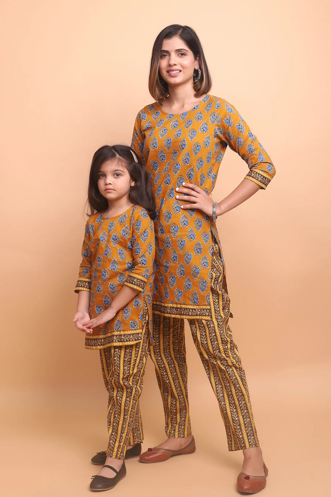 Mustard And Blue Printed Kurti Mom and Daughter Twin Set