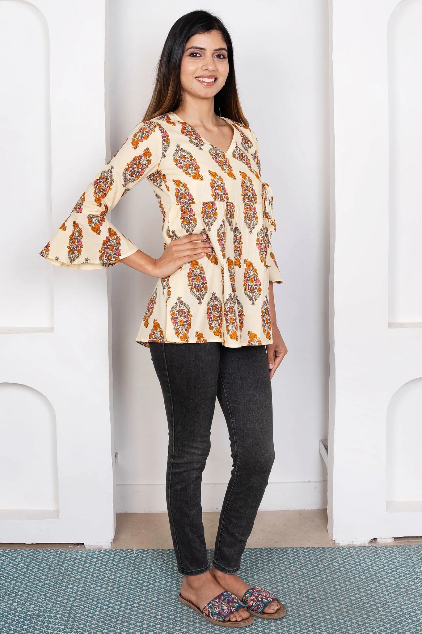 Women Peach Floral Angrakha Top main image 1
