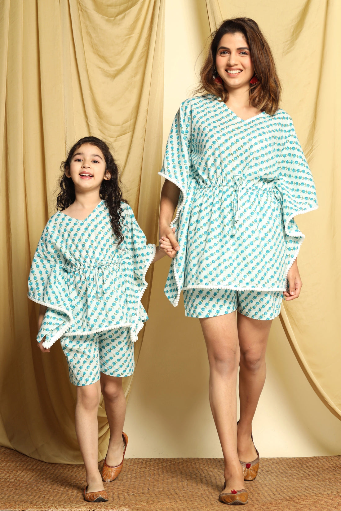 Mom Daughter Duo Blue and White Kaftan Set with Shorts