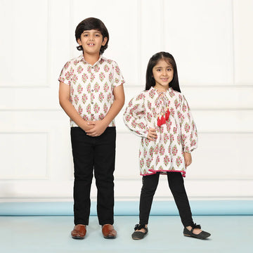White and Red Block Printed Tunic with Matching Shirt Brother and Sister Twin Set