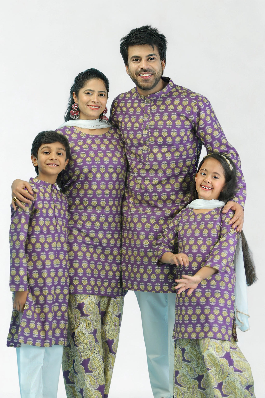 Purple Floral Suit Set With Matching with Matching Kurta Pajama Family Twin Set