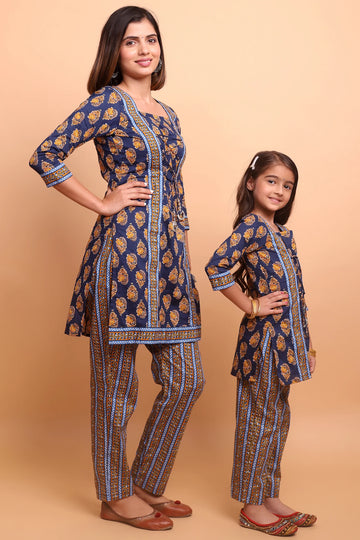 Navy and Mustard Printed Kurti Mom and Daughter Twin Set