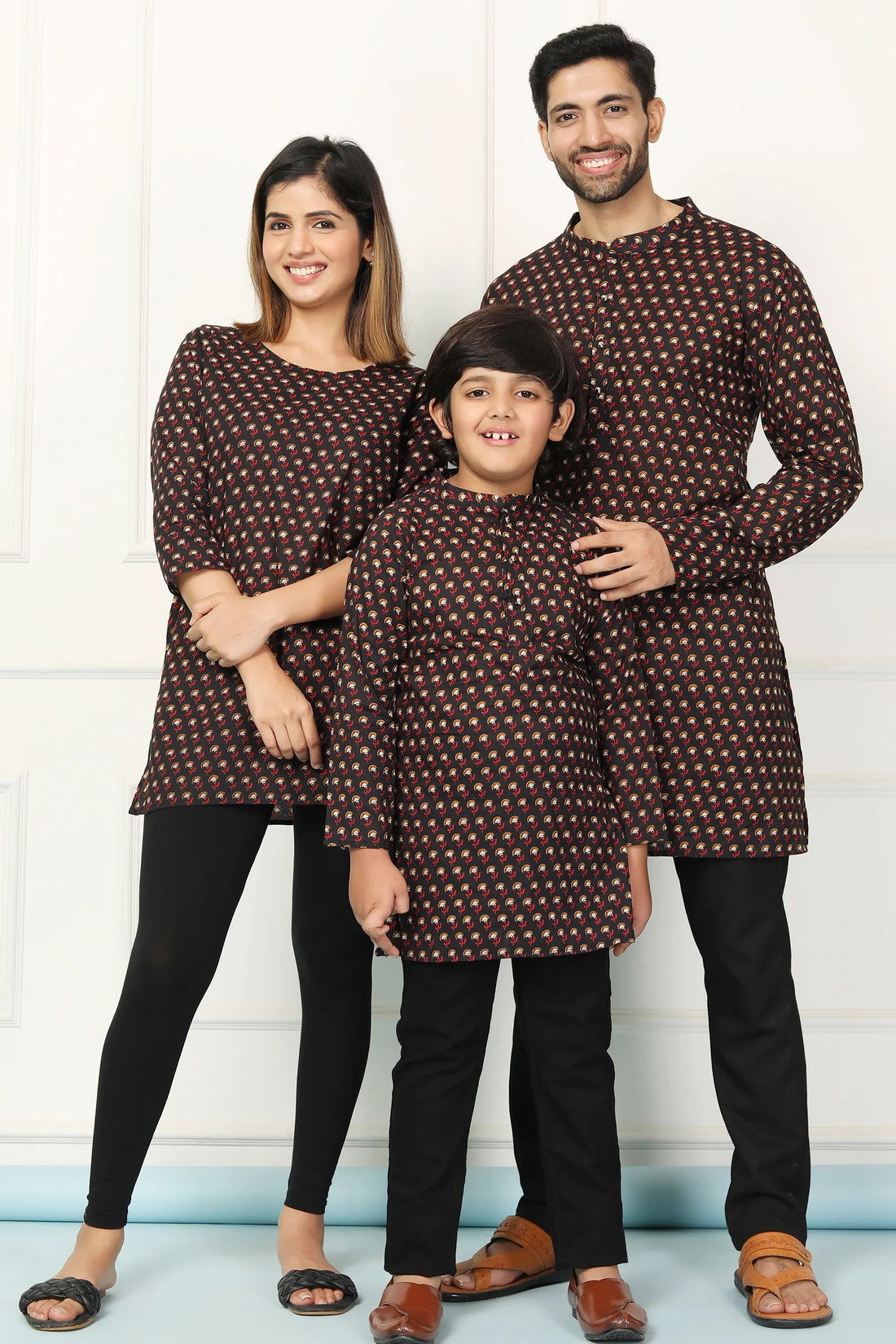 Black Printed Short Kurti & Matching Kurta Family Set - Trendy Fashion for All