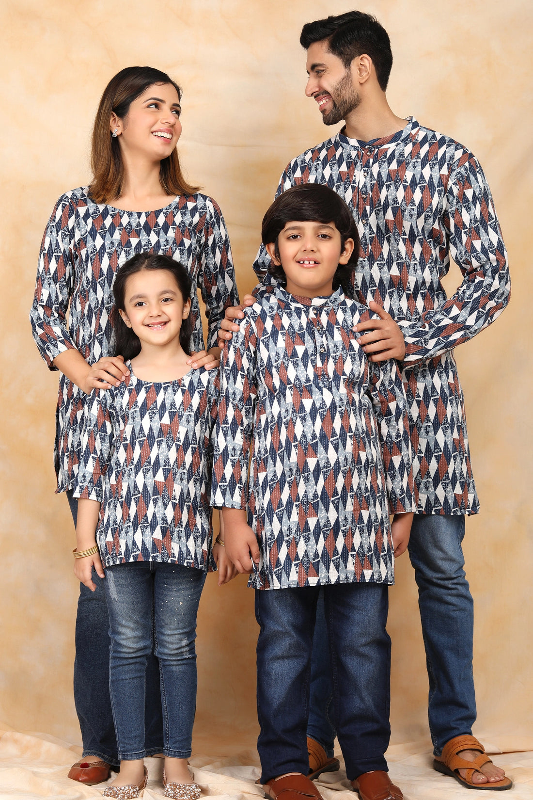 Navy Blue & White Ikkat Printed Family Matching Kurti & Kurta Set - Stylish Outfit for All