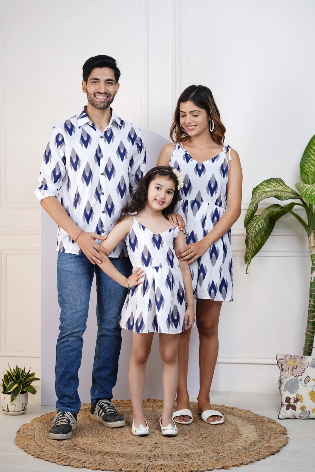 Beautiful Blue and White Ikkat Printed Dress with Matching Shirt Family Set