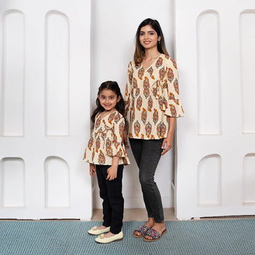 Mom & Daughter Matching: Cream & Mustard Angrakha Style Tops