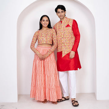 Red With Peach Floral Printed Lehenga Crop Top and Dupatta With Matching Kurta Pyjama Couple Twin Set