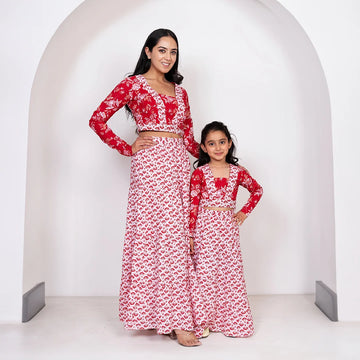 Maroon & White Floral Printed Lehenga Crop Top With Matching Dupatta For Mom and Daughter