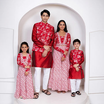 Maroon & White Floral Printed Lehenga Crop Top and Dupatta With Matching Kurta Pyjama Family Twin Set