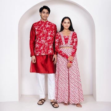 Maroon & White Floral Printed Lehenga Crop Top and Dupatta With Matching Kurta Pyjama Couple Twin Set