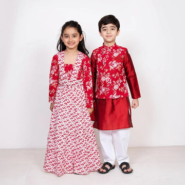 Maroon & White Floral Rubta Lehenga With Matching Kurta & Pyjama for Brother-Sister Duo