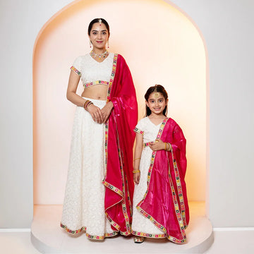 Sparkling White Embroidered Lehenga Choli with Pink Dupatta For Mom and Daughter Twin Set