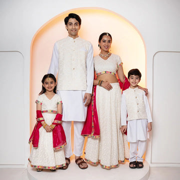 Sparkling White Embroidered Lehenga Choli with Matching Kurta Pyjama and Jacket For Family Twin Set