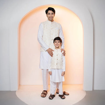 Sparkling White Embroidered Jacket with Kurta Pyjama For Father and Son Twin Set