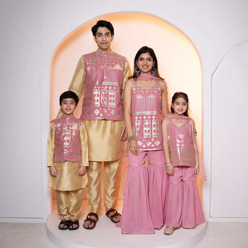 Stylish Rouge Sharara Suit with Rouge Jacket and Golden Kurta Pyjama For Family Twin Set