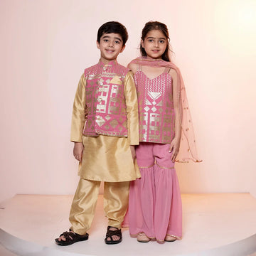 Stylish Rouge Sharara Suit with Rouge Jacket and Golden Kurta Pyjama For Brother and Sister Twin Set