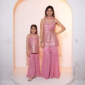 Stylish Rouge and Golden Sharara Suit  ( Mom and Daughter Twin Set )