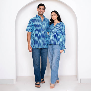 Blue Leaf Printed Matching Top & Shirt Couple Twin Set