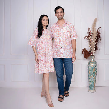 White Floral Printed Dress With Matching Shirt Couple Twin Set