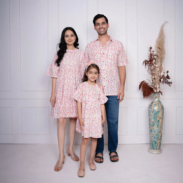 White Floral Printed Dress With Matching Shirt Family set