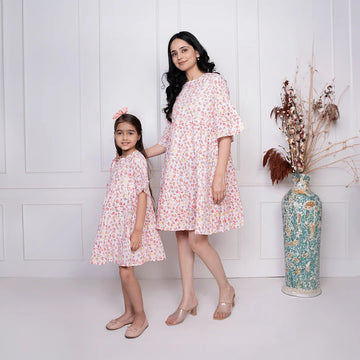 White Floral Printed Dresses for Mom and Daughter