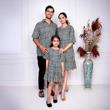Grey & blue Printed Family Sets with Matching Dress & shirts
