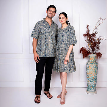 Grey And Blue Printed Dress With Matching Shirt Couple Twin Set