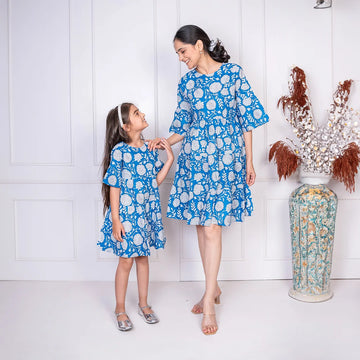 Blue Floral Printed Matching Dresses for Mom and Daughter