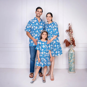 Blue Floral Printed Dress With Matching Shirt Family set