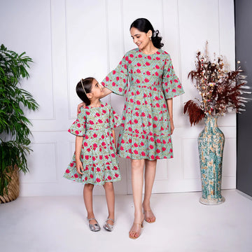 Green & Red Tiered Dresses for Mom and Daughter