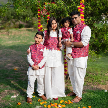 Elegant White Ghaghara with Matching Kurta Pajama & Printed Jacket Set for Family