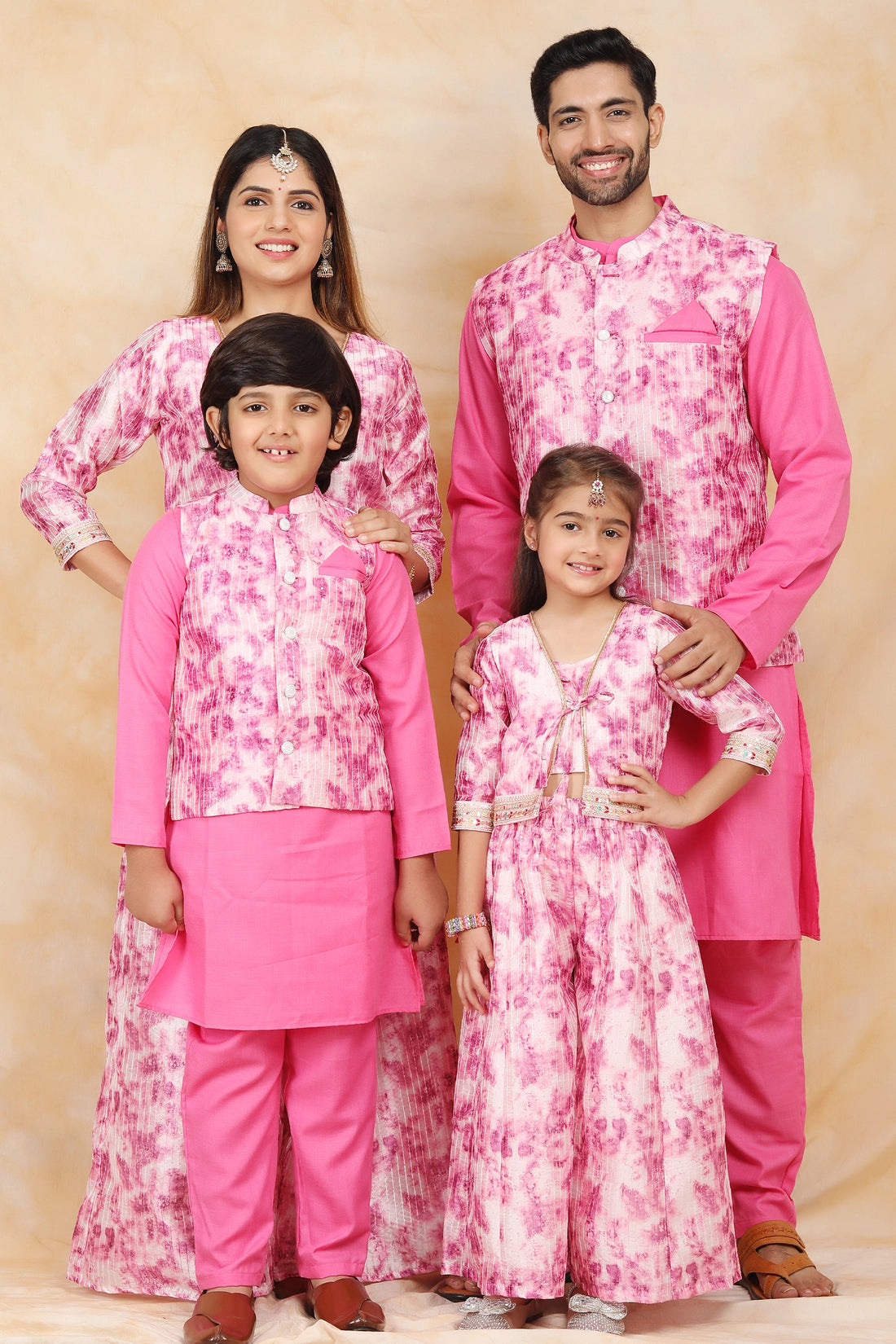 Floral Fuchsia Fiesta: Crop Top and Plazzo Perfection with Matching Kurta Pyjama Family Matching Set