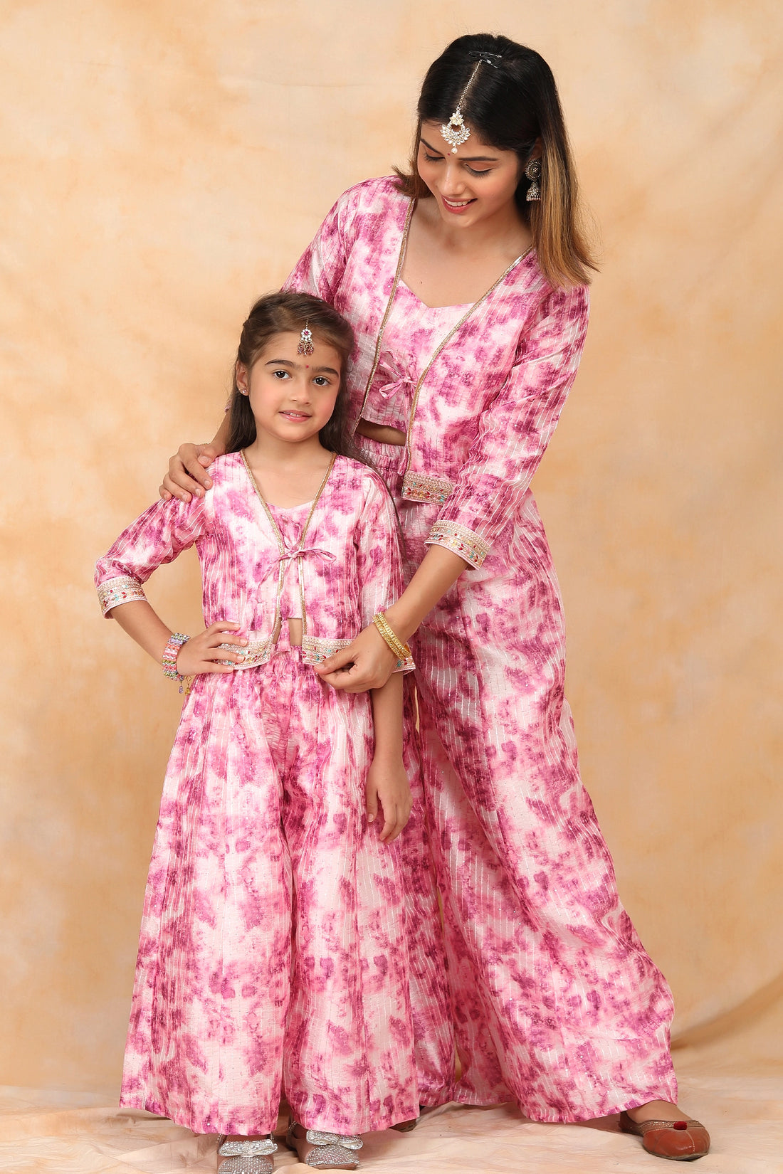 Floral Fuchsia Fiesta: Coordinated Crop Top and Palazzo Set for Stylish Mom and Daughter
