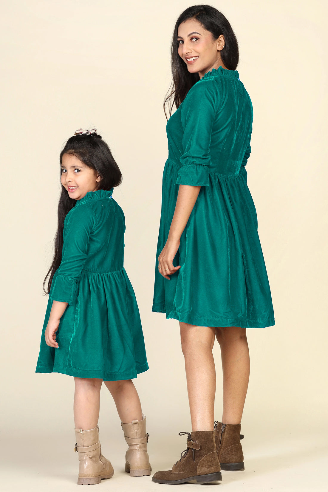 Green Samaira Velvet Dresses for Mom & Daughter