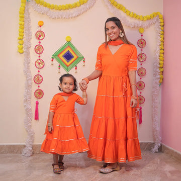 Orange Noor Angrakha Twin Set For Mom and Daughter