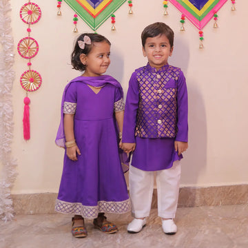 Purple Riza Anarkali Suit Set With Matching Kurta & Pyjama for Brother-Sister Duo