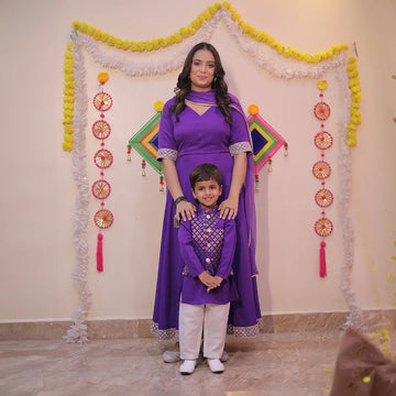 Purple Riza Anarkali Suit Set With Matching Kurta Payjama Mother and Son Twin Set