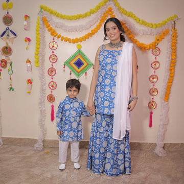 Blue Floral Cotton Suit Set With Matching Kurta Payjama Mother and Son