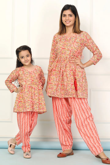 Matching Mother and Daughter Set: Hand-Block Printed Peach Peplum Kurti with Dhoti Pants
